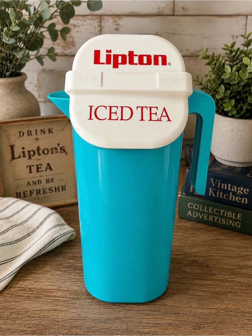 Vintage Lipton Iced Tea Pitcher Turquoise White Plastic Advertising Retro